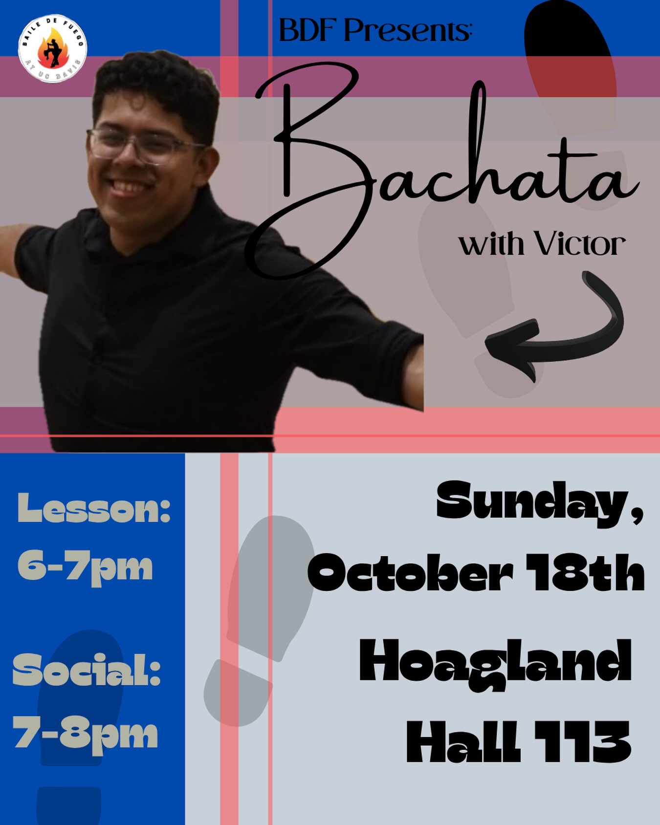 Baile de Fuego flyer for Bachata with Victor, Sunday October 18, Hoagland Hall 113