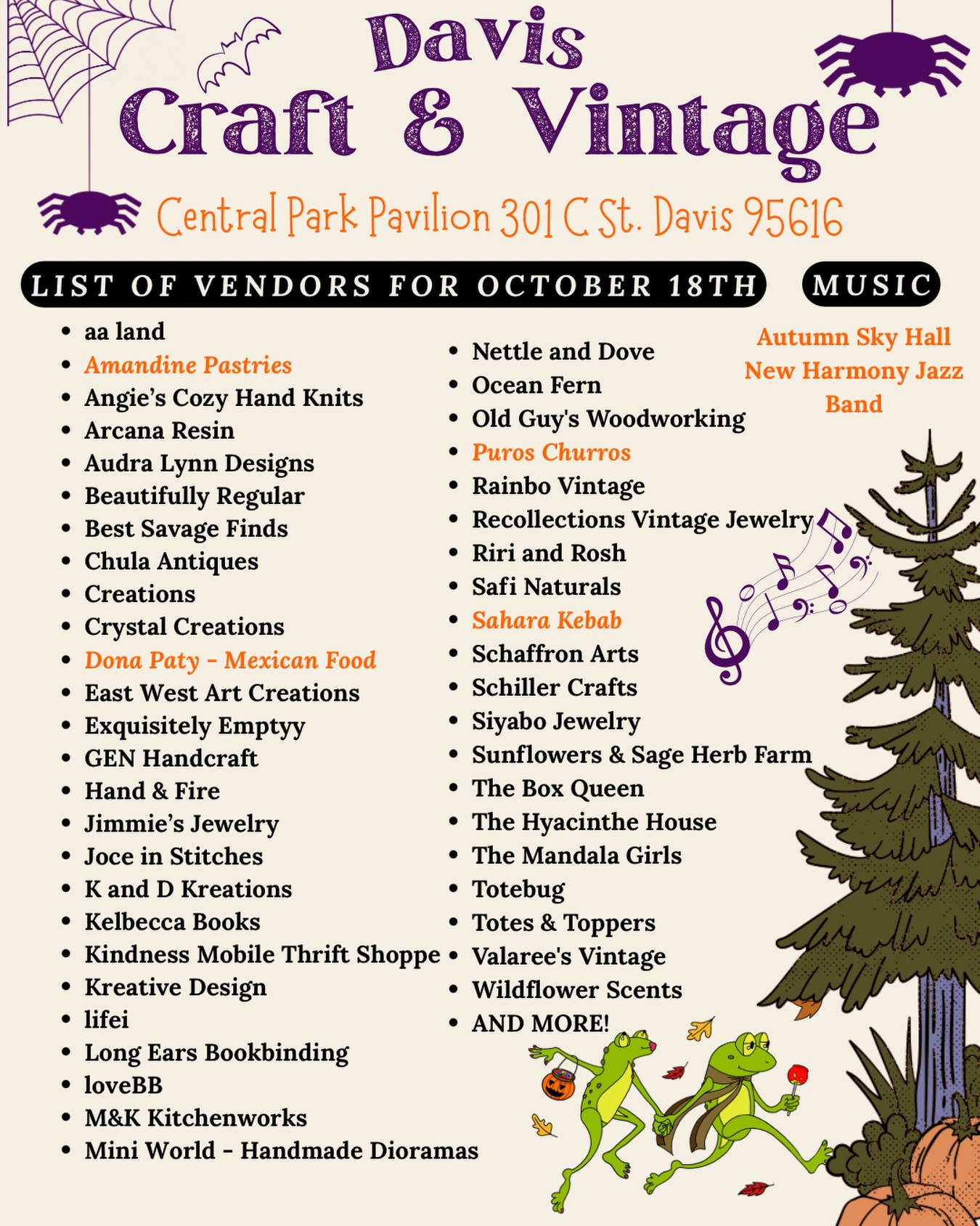 Davis Craft & Vintage flyer listing the October 18 vendors and music at Central Park Pavilion