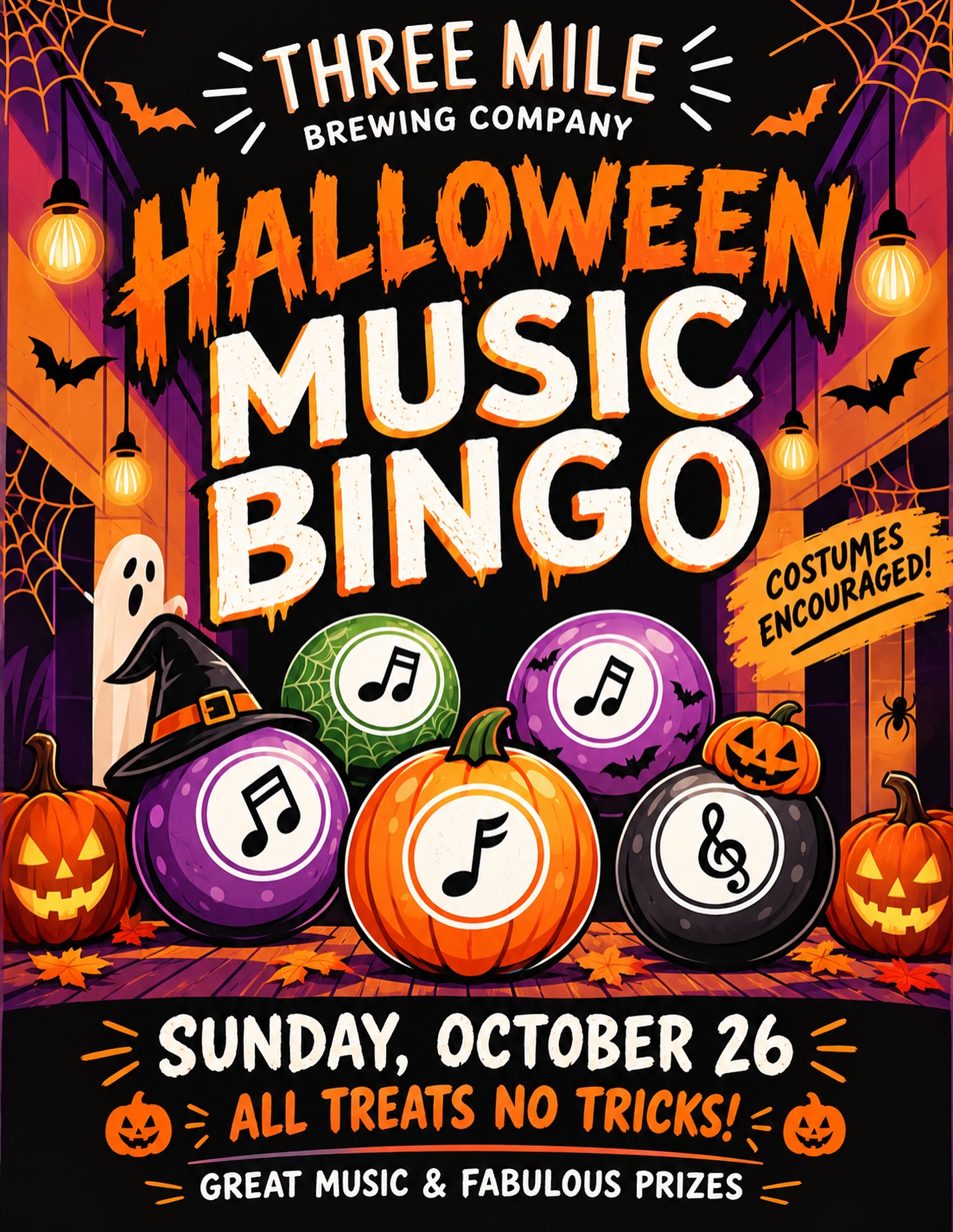 Halloween Music Bingo flyer for Three Mile Brewing